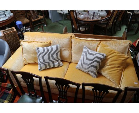Good quality Upholstered 3 seater sofa of crushed yellow velvet with scatter cushions Retail £2200 