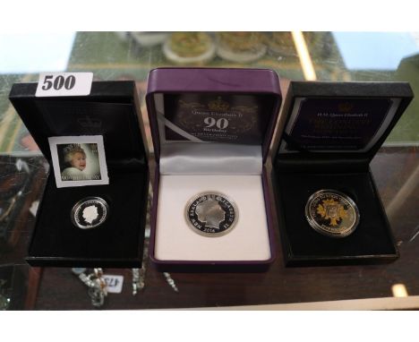 3 Boxed Proof Silver Coins to include Queen Elizabeth II 90th Birthday 1oz 2016, 2015 Five Pound Longest Monarch Coin and a 2