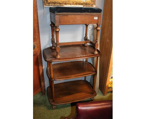 Ercol Mid Tone 3 Tier buffet trolley and a Upholstered Oak Piano stool 