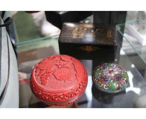 Japanese Lacquered hinged box, Cinnabar lidded and a Cloisonne lidded pot