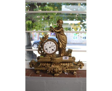 19thC L Gaillot of Paris Gilt Pillar mantel clock with roman numeral dial 