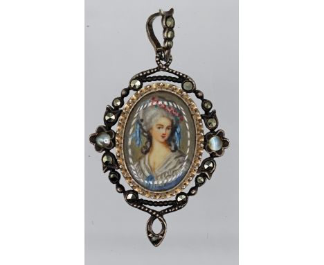 Hand Painted Minature Silver Georgian Pendant c1780. Hand painted minature unsigned painting of a Georgian lady. Border set w