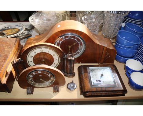 Collection of assorted Walnut cased clocks and a Oak Smiths wall barometer 