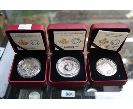 3 Boxed Canadian Silver Proof Coins to include $5 2014 Princess monarch, $20 La Terre &amp; 2017 $20 Hawker Hurricane