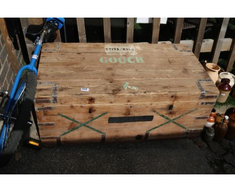 Large Pine panelled trunk with metal fittings 