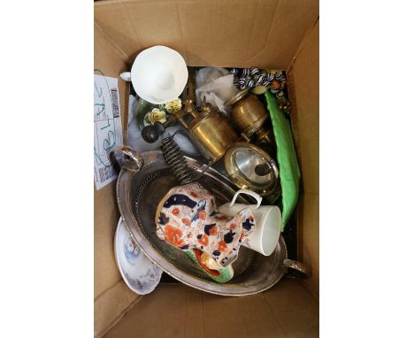 Box of Assorted Ceramics &amp; Collectables to inc Pair of Blue &amp; White Royal Crown Derby Plates, Antique Brass Bicycle L