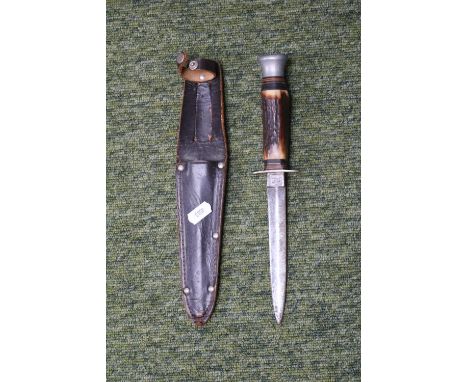Vintage William Rodgers knife with Antler handle and Leather scabbard 26cm in Length 