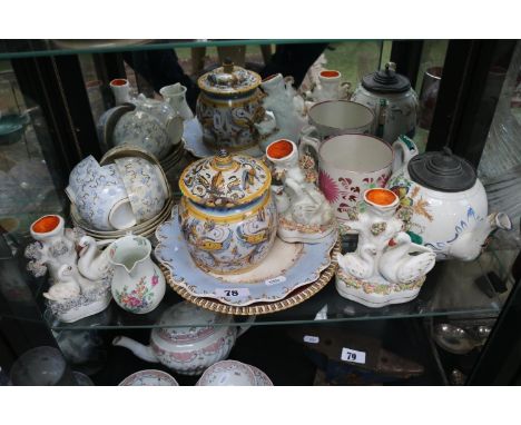 Collection of 19thC and later ceramics to include Maiolica lidded tobacco Jar, Staffordshire spill vases, European Porcelain 