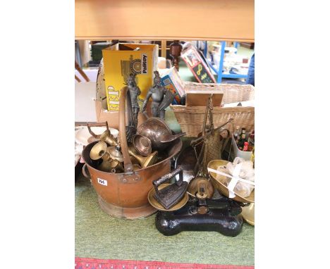 Large collection of assorted Copper and Metalware to include Weighing Scales with weights, Copper Coal Helmet, Brass Candlest
