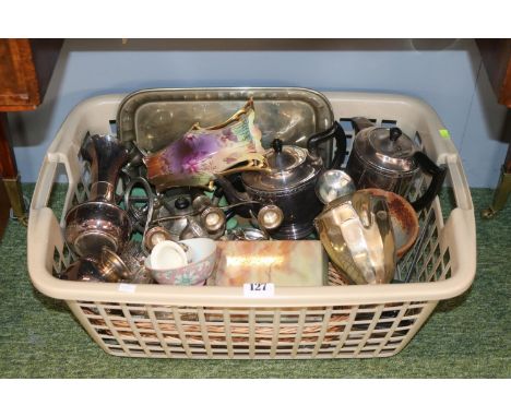 Collection of assorted Silver plated tableware to include Tea set, Onyx hinged cigarette box etc