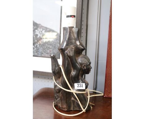 African Carved Lamp base with Woman and Crocodile decoration 