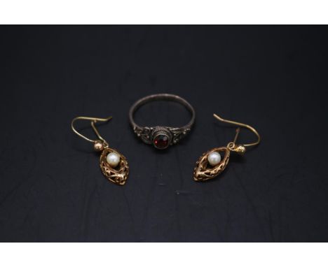 Pair of 9ct Pearl set earrings and a Silver Garnet set ring 