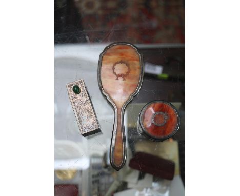 European 800 Silver Lipstick holder with engraved case and oval set cabochon with a Silver Pill box and matching miniature mi