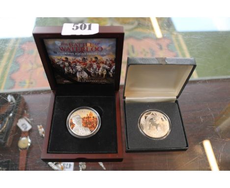 Cased The Battle of Waterloo Silver £5 Proof Coin and a Charles &amp; Diana Proof Coin 