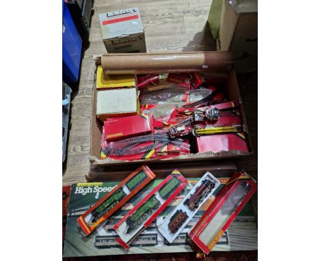 A box of model railway items to include 3 Hornby locomotives with tenders (R.357,2 x R.322), Hornby accessories, 3 x controll