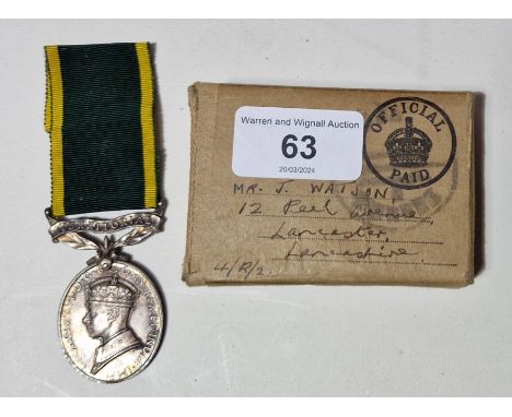 A George VI territorial medal, awarded to 3712240 CPL. J. WATSON R. M. P. ( Royal Military Police ), with ribbon and box.  