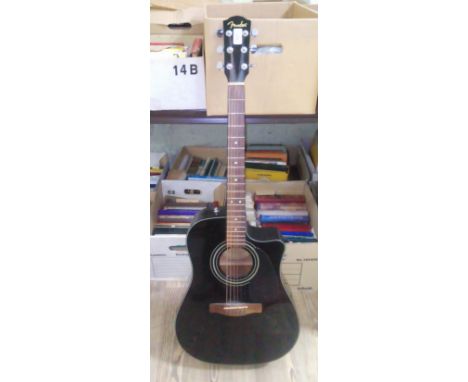 A black Fender electro-acoustic guitar, model CD60CE.  