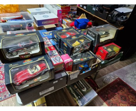 Three boxes of assorted boxed model vehicles to include Burago cars, Guiloy motorbike, Maisto motorbike, Matchbox &amp; a Rep