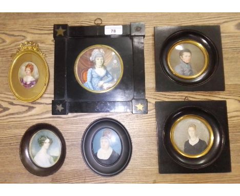 A group of five painted portrait miniatures and another, 19th century, largest frame 20cm x 20cm.  