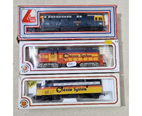 Three H0 scale engines comrising of 2 x Bachmann EMD F9 diesels &amp; a Lima 205115 MWG, all in original boxes. 