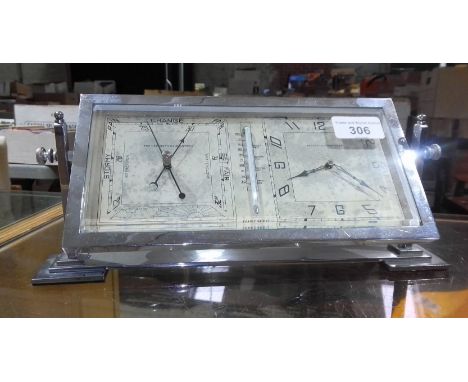 A 1930s Art Deco chrome weather station with clock and barometer, length 29cm.  