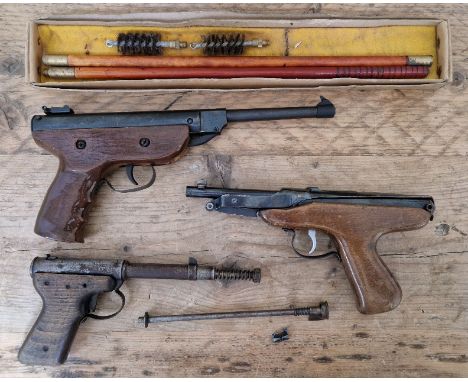 Three vintage air pistols comprising of a Diana mark IV .177 calibre, 27cm long, a Diana mod 2, 24cm long, another .177 calib