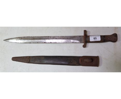 A Victorian British Lee-Metford bayonet with double edged blade, approx. 30cm in length, wooden grips, complete with scabbard