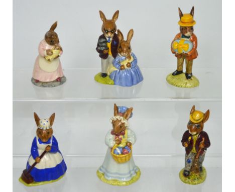 Six Royal Doulton 'Bunnykins' figures; DB19 'Mrs Bunnykins at the Easter Parade', DB6 'Mrs Bunnykins Clean Sweep', DB5 'Mr Bu