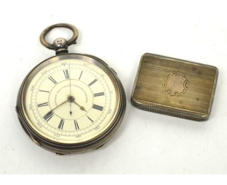 A Victorian silver chronograph pocket watch, the enamel dial set with Roman numerals, Chester 1888 and a small silver snuff b