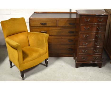 A reproduction mahogany six-drawer bow-front chest, an oak two-over-three chest of drawers, length 107cm and an early 20th ce