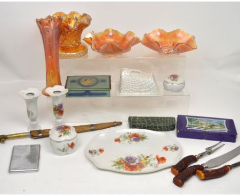 A collectors' lot comprising decorative ceramics and glassware to include four pieces of carnival glass, a chrome cigarette c