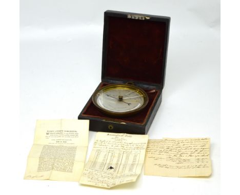 A 19th century Patent aneroid barometer (without mercury or any fluid), silvered dial also with Fahrenheit thermometer, diame