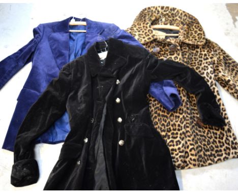 Two vintage velvet jackets, one black and the other midnight blue, a full-length black velvet coat, interior label for 'Charl
