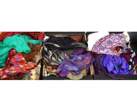A large quantity of vintage textiles and clothing to include Indian silk scarves, velvet hat, vintage sequinned dress, vintag