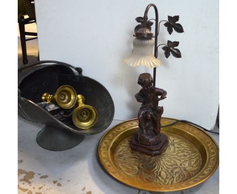 A quantity of metalware to include a stylised brass charger, diameter 46cm, a coal scuttle, a pair of brass candlesticks, a b