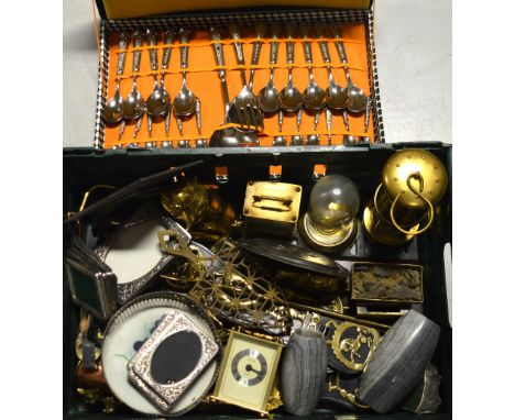 A vintage canteen of silver plated flatware, a large quantity of horse brasses, a reproduction mining lamp etc.