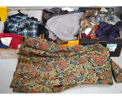 A large quantity of vintage textiles and clothing to include silk chiffon scarves, various lengths of silk fabric, velvet jac