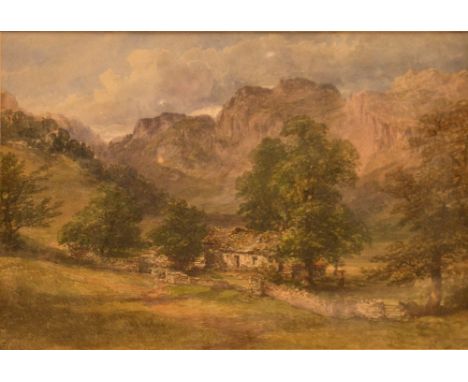 J POOLE (19TH CENTURY); watercolour, mountainous landscape with farm buildings in the foreground, title indistinct, believed 