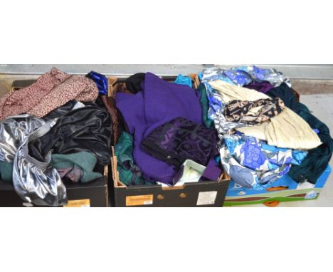 Three boxes of vintage textiles and clothing to include velvet devoré pieces, silk scarves, tops etc.