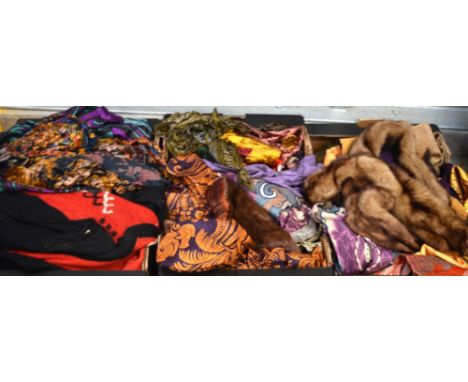 Three boxes containing a large quantity of vintage clothes to include crushed velvet examples, woven tapestry, brocade dress 