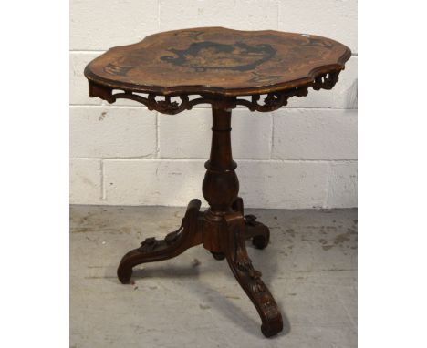 An Italian walnut and inlaid table decorated with hunting scene to the top on heavily carved tripod support, width approx 80c