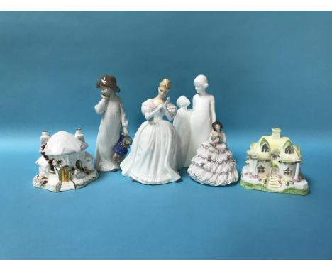 Two pastille burners, Royal Doulton figures, Nao figure and one other (6)