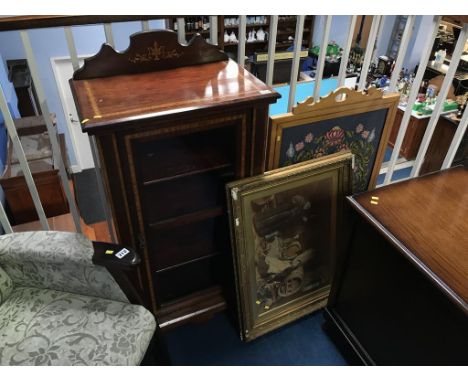 An Edwardian glazed cabinet, a print and a fire screen