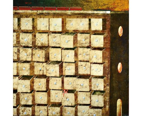Angelo Palazzini, geb. 1953 Casalpusterlengo/Italien,  Cassetti con paesaggio al tramonto, surrealistische Komposition in der