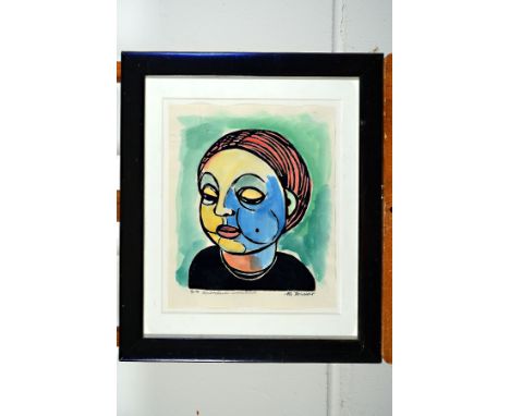 Michaela Krinner, 1915 - 2006, Aquarell und aquarellierter Linolschnitt, a. Aquarell, Porträt einer jungen Frau mit dunklem H