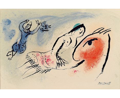 Marc Chagall, 1887-1985,  Farblithographie, im Druck signiert, ca. 18x27cm, PP, u.Gl., R. ca. 33x42cm, Glückwunschkarte für A