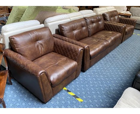 SCS RHAPHAEL GENUINE ANTIQUE TAN LEATHER DESIGNER SUITE WITH QUILTED DESIGN - 3 SEATER SOFA SNUGGLER CHAIR &amp; CHAIR