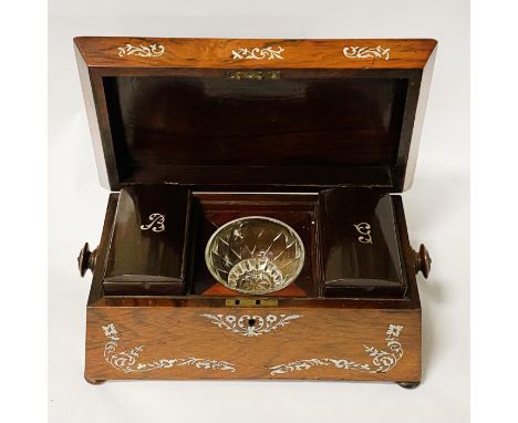 ROSEWOOD TEA CADDY . MOTHER OF PEARL INLAID IN GOOD CONDITION - SMALL DAMAGE TO THE BACK (BUN FEET) 19CM (H) X 34CM (W)