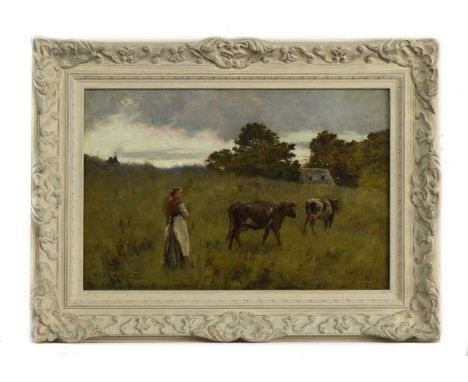 CHARLES MARTIN HARDIE RSA (SCOTTISH 1858 - 1916),THE MILKMAIDoil on canvas, signed and dated '80image size 31cm x 46cm, overa