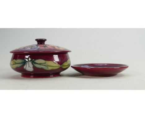 Moorcroft Pansy on red ground powder dish and coaster (2): 